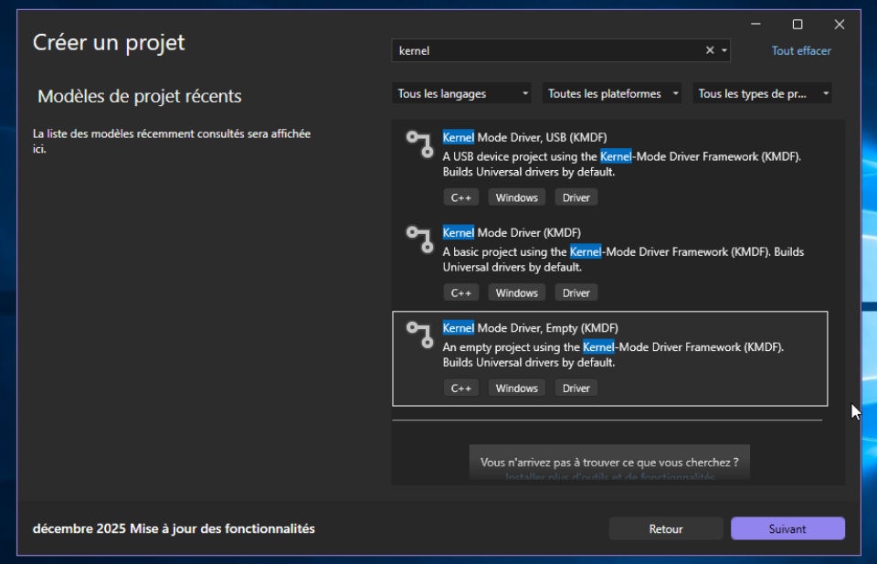 Visual Studio — new KMDF driver project dialog