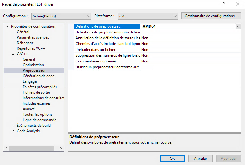 VS — preprocessor definitions (KMDF config)
