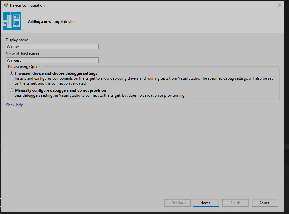VS — remote debugger target configuration (step 1)