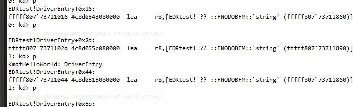 WinDbg — KdPrintEx output visible after stepping