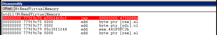 NtReadVirtualMemory — hooked (JMP as first instruction)