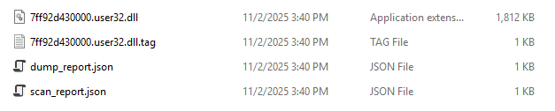 pe-sieve dump folder — .tag and dumped DLL files