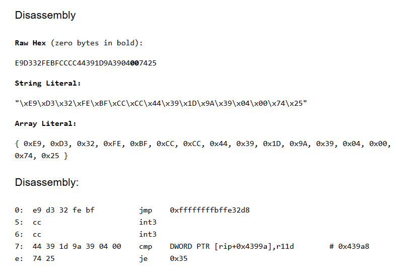 Online disassembler — JMP decoded to EDR address