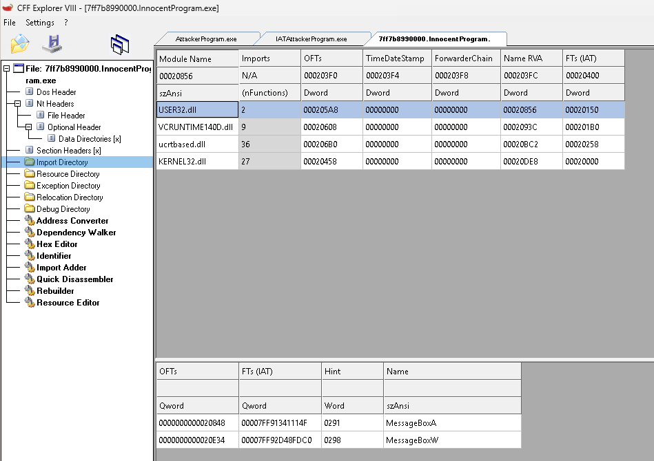 IAT hook in CFF Explorer — address pointing to EDR DLL