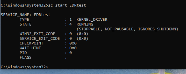Service start — sc start EDRtest