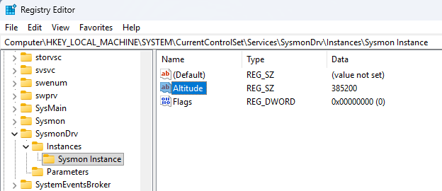 Registry key — SysmonDrv altitude modified to match target